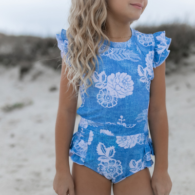 Girls Blue Floral Open Back One Piece Ruffle Swimsuit
