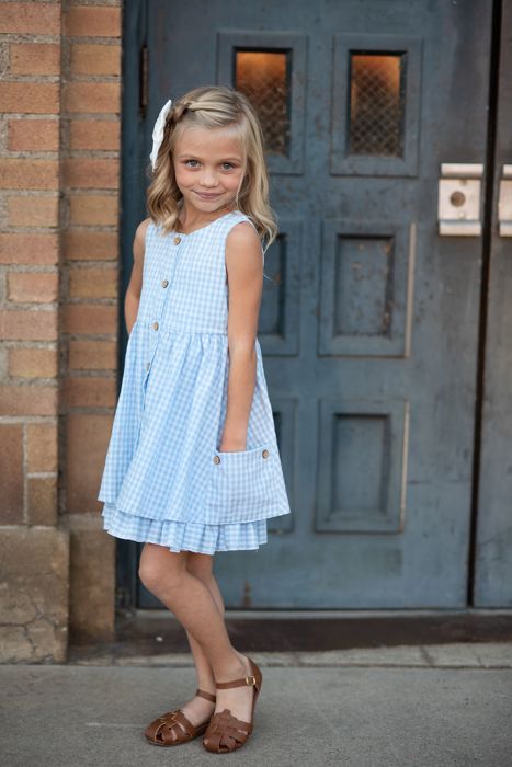Kids Blue & White Gingham Check Pocket Ruffle Summer Dress