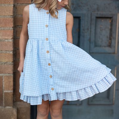 Kids Blue & White Gingham Check Pocket Ruffle Summer Dress