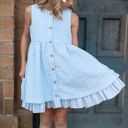  Kids Blue & White Gingham Check Pocket Ruffle Summer Dress