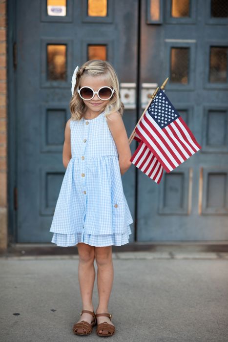 Kids Blue & White Gingham Check Pocket Ruffle Summer Dress