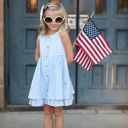  Kids Blue & White Gingham Check Pocket Ruffle Summer Dress