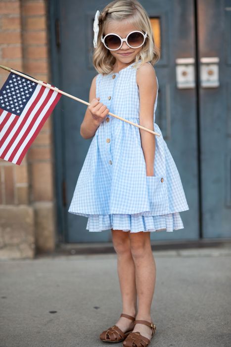 Kids Blue & White Gingham Check Pocket Ruffle Summer Dress