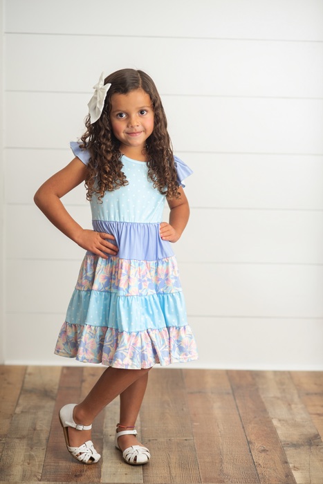 Kids Blue & Purple Polka Dot Floral Tiered Summer Dress