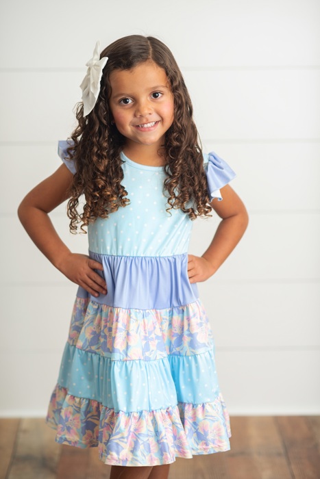 Kids Blue & Purple Polka Dot Floral Tiered Summer Dress