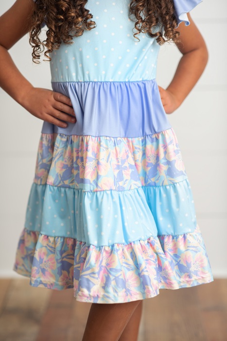 Kids Blue & Purple Polka Dot Floral Tiered Summer Dress