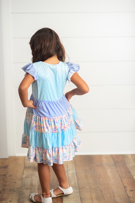 Kids Blue & Purple Polka Dot Floral Tiered Summer Dress