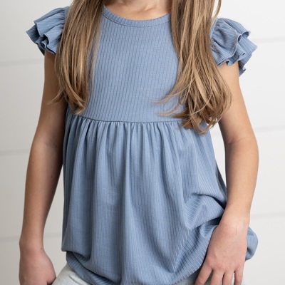 Kids Dusty Blue Ribbed Double Ruffle Flutter Sleeve Shirt