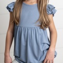  Kids Dusty Blue Ribbed Double Ruffle Flutter Sleeve Shirt