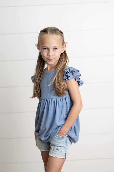 Kids Dusty Blue Ribbed Double Ruffle Flutter Sleeve Shirt