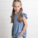  Kids Dusty Blue Ribbed Double Ruffle Flutter Sleeve Shirt