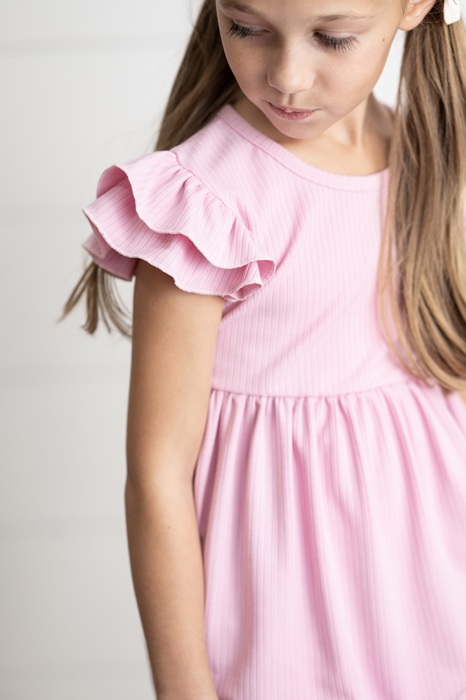 Girls Light Pink Ribbed Double Ruffle Flutter Sleeve Shirt