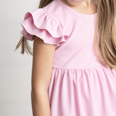 Girls Light Pink Ribbed Double Ruffle Flutter Sleeve Shirt
