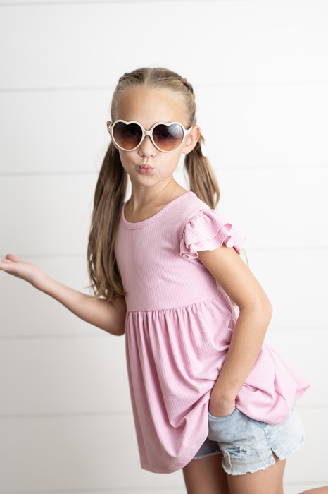 Girls Light Pink Ribbed Double Ruffle Flutter Sleeve Shirt