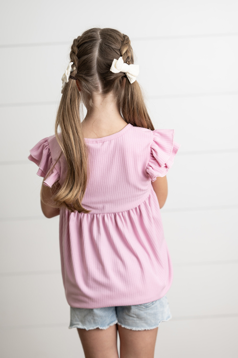 Girls Light Pink Ribbed Double Ruffle Flutter Sleeve Shirt