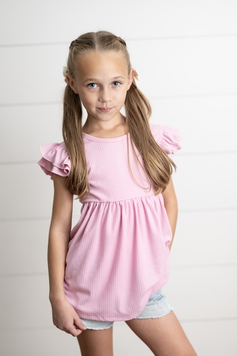 Girls Light Pink Ribbed Double Ruffle Flutter Sleeve Shirt