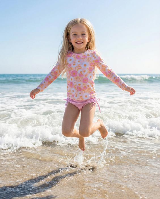 Girls Emily Daisy Check Long Sleeve Rash guard Swimsuit