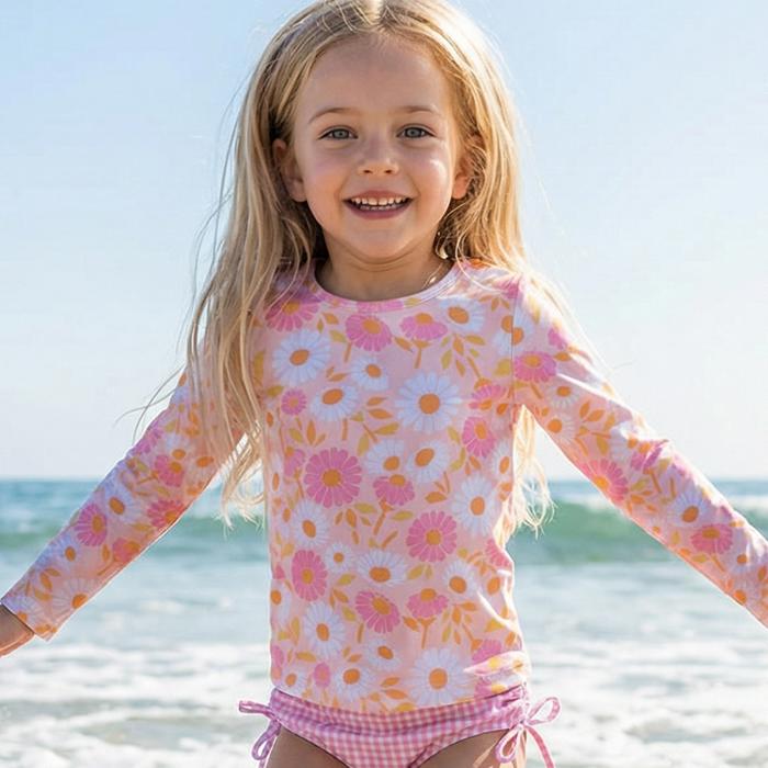 Girls Emily Daisy Check Long Sleeve Rash guard Swimsuit