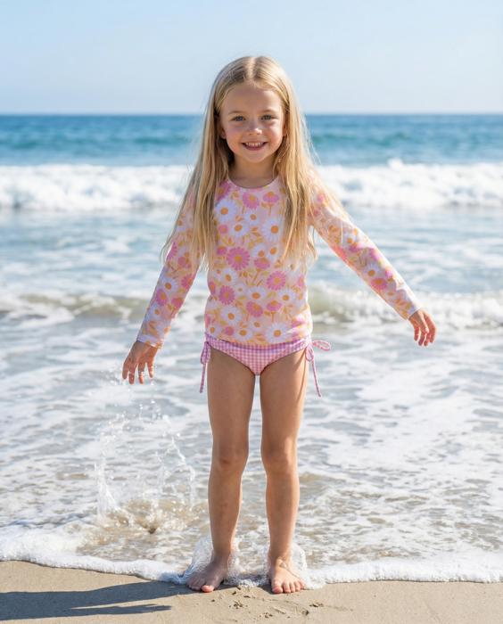 Girls Emily Daisy Check Long Sleeve Rash guard Swimsuit