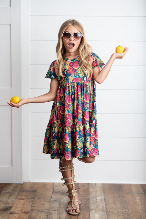 Kids Emmy Bold Tropical Flutter Sleeve Twirl Dress