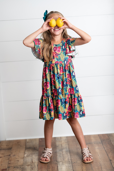 Kids Emmy Bold Tropical Flutter Sleeve Twirl Dress