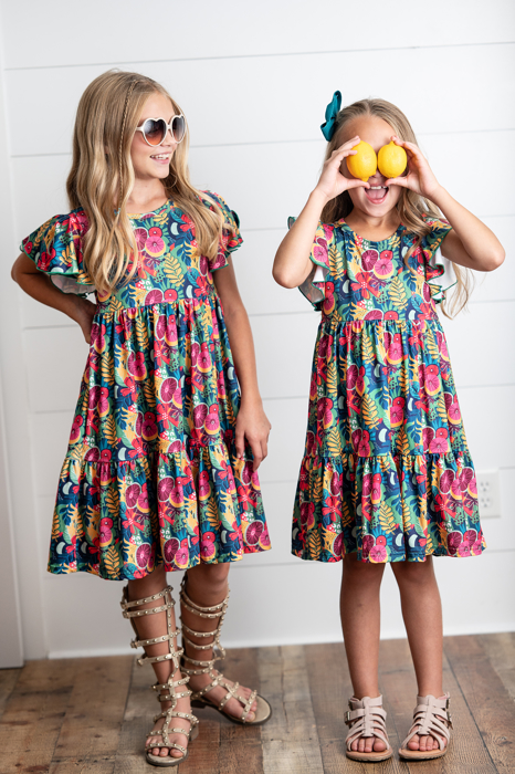 Kids Emmy Bold Tropical Flutter Sleeve Twirl Dress