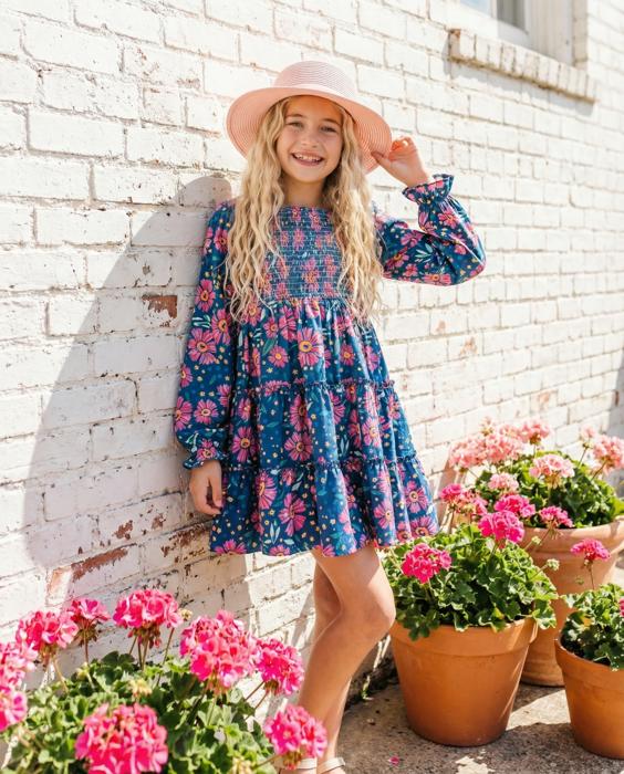 Girls Grace Blue & Pink Flower 3 Tiered Smocked Fall Dress