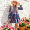  Girls Grace Blue & Pink Flower 3 Tiered Smocked Fall Dress