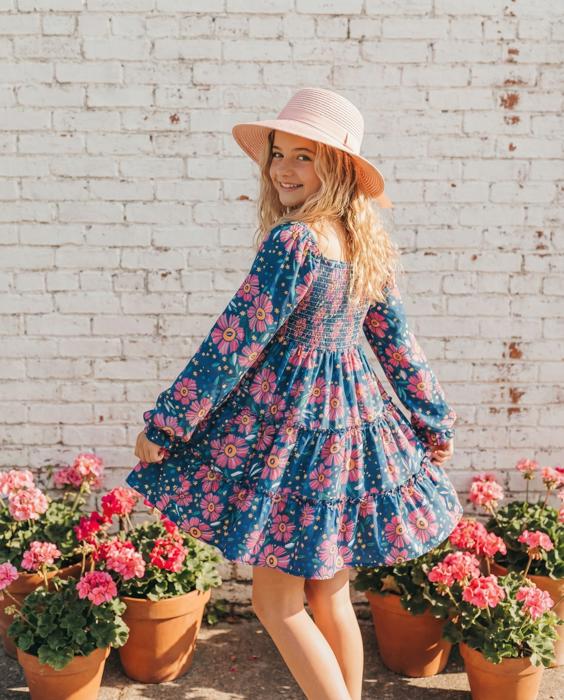 Girls Grace Blue & Pink Flower 3 Tiered Smocked Fall Dress
