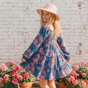  Girls Grace Blue & Pink Flower 3 Tiered Smocked Fall Dress