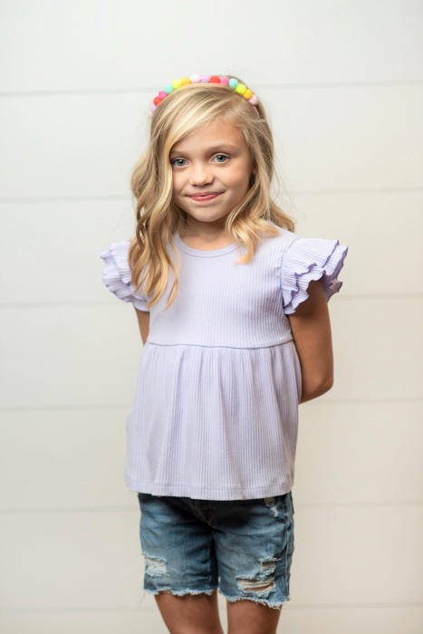 Girls Lavender Double Ruffle Flutter Sleeve Summer Shirt