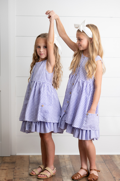 Girls Lavender & White Gingham Check Pocket Summer Dress