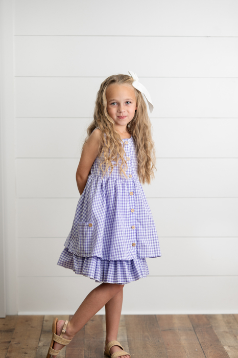Girls Lavender & White Gingham Check Pocket Summer Dress