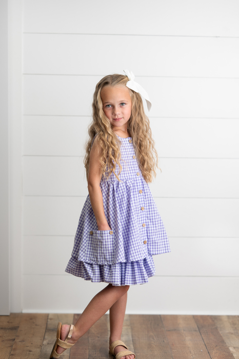 Girls Lavender & White Gingham Check Pocket Summer Dress