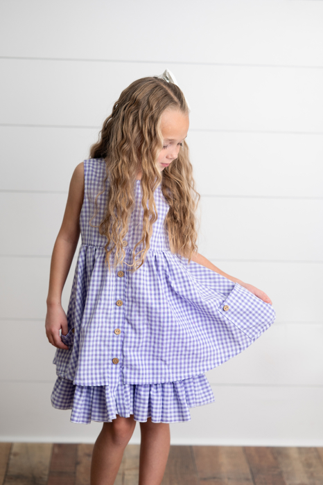Girls Lavender & White Gingham Check Pocket Summer Dress