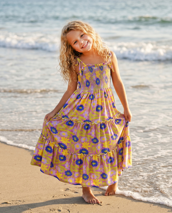 Girls Leilani Lavender Floral Tiered Summer Maxi Dress