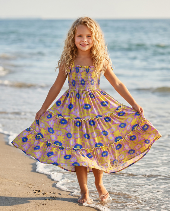 Girls Leilani Lavender Floral Tiered Summer Maxi Dress