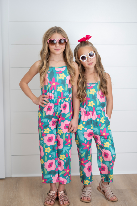 Girls Millie Bright Pink Green Floral Jumpsuit With Pockets