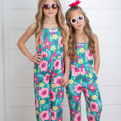 Girls Millie Bright Pink Green Floral Jumpsuit With Pockets