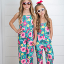  Girls Millie Bright Pink Green Floral Jumpsuit With Pockets