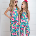  Girls Millie Bright Pink Green Floral Jumpsuit With Pockets