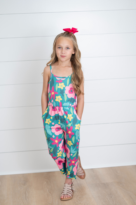 Girls Millie Bright Pink Green Floral Jumpsuit With Pockets