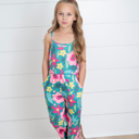  Girls Millie Bright Pink Green Floral Jumpsuit With Pockets
