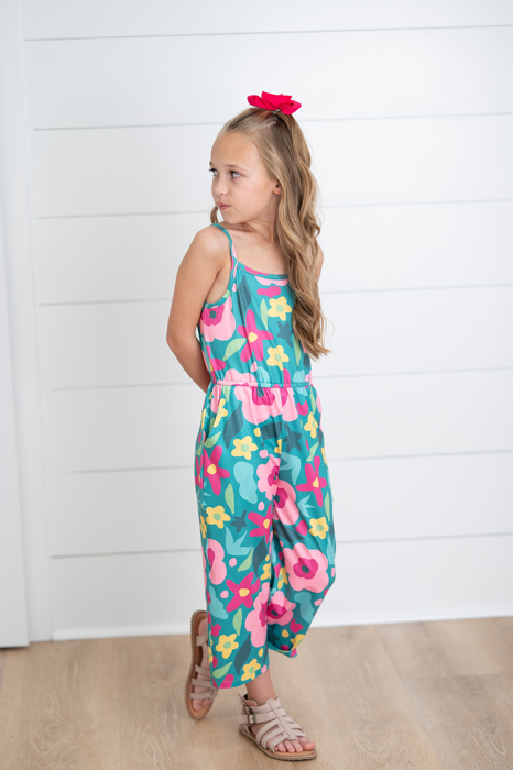 Girls Millie Bright Pink Green Floral Jumpsuit With Pockets