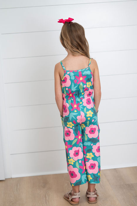 Girls Millie Bright Pink Green Floral Jumpsuit With Pockets