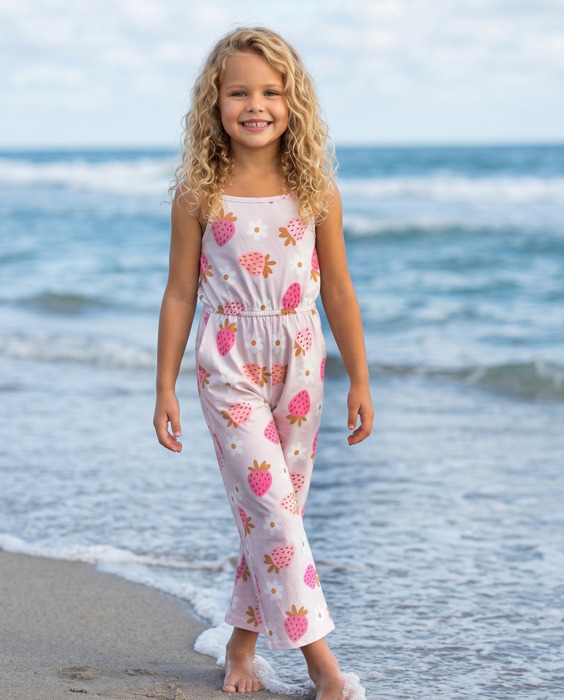 Girls Millie Pink Strawberry Summer Jumpsuit With Pockets