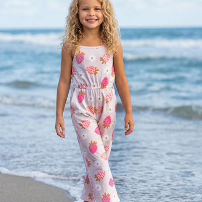 Girls Millie Pink Strawberry Summer Jumpsuit With Pockets