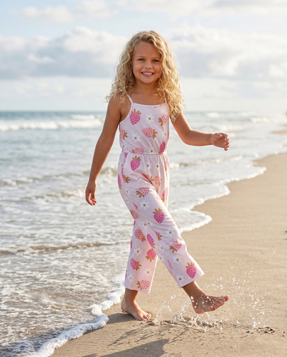 Girls Millie Pink Strawberry Summer Jumpsuit With Pockets