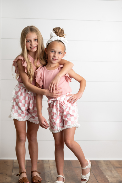 Girls Pink Checkered Lace Ruffle Summer Short Set