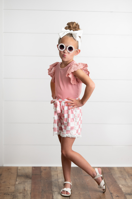 Girls Pink Checkered Lace Ruffle Summer Short Set